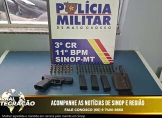 SINOP: polícia apreende pistola Glock e dezenas de munições em propriedade rural Pistola e munições apreendidas pela Polícia Militar em Sinop