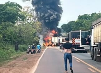 MATO GROSSO: colisão entre caminhões provoca incêndio, deixa dois mortos e interdita a BR-364 em Rosário Oeste Veículos em chamas às margens da BR-364 em Rosário Oeste